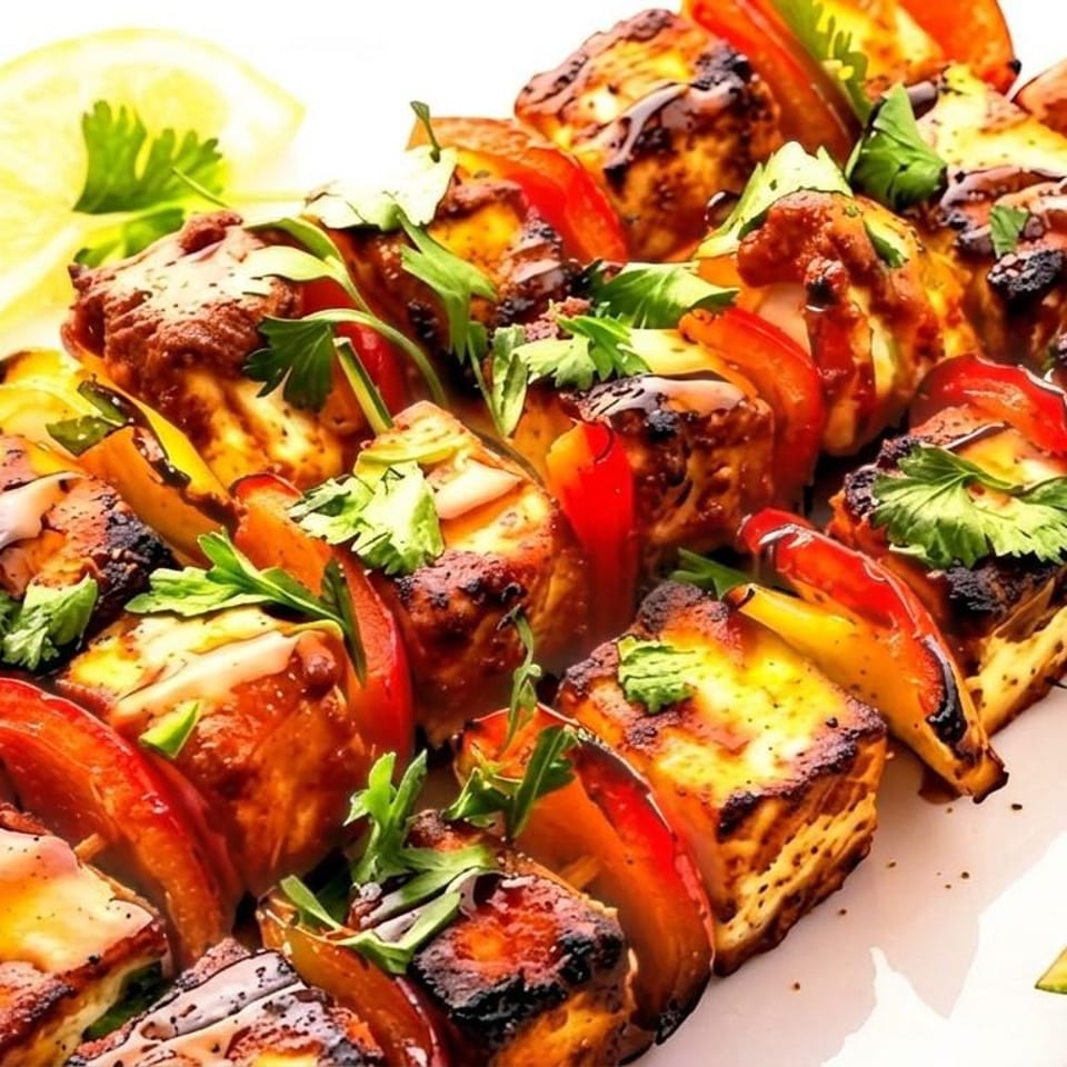 Grilled paneer and vegetable skewers.