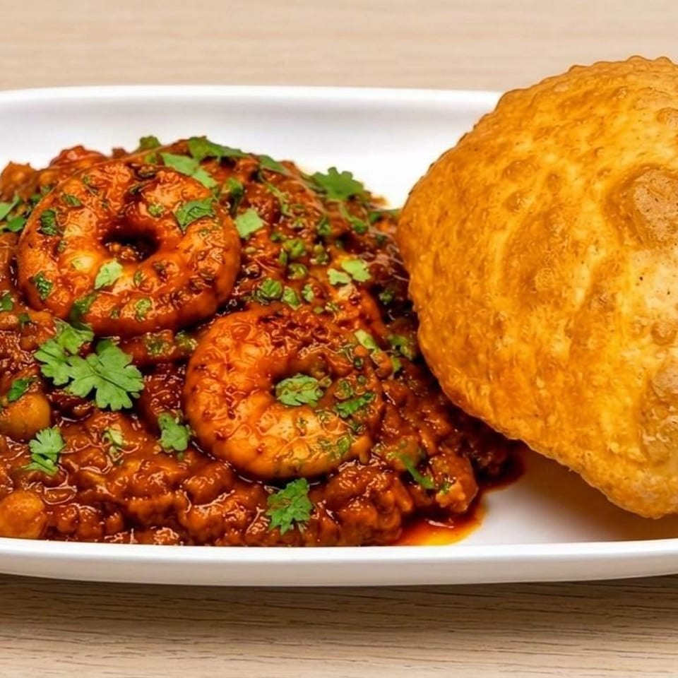 Chickpea curry served with puffed fried bread.