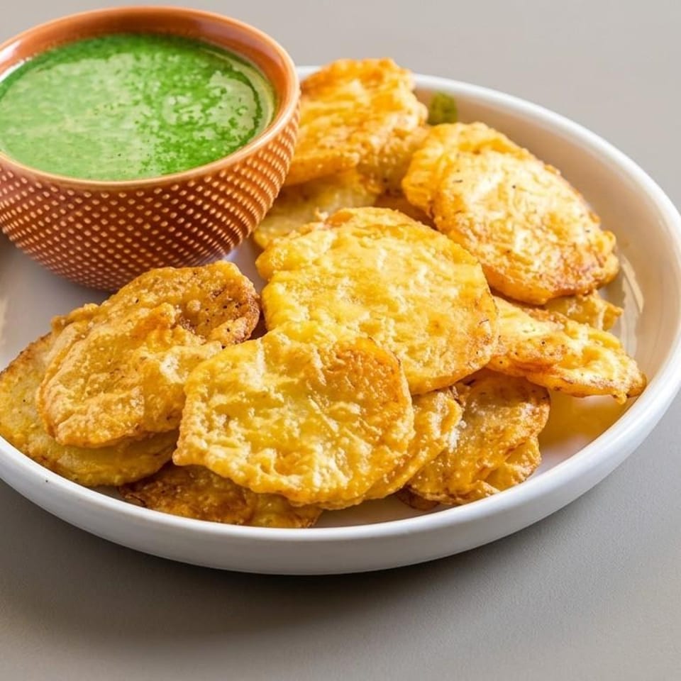 Golden vegetable fritters with green chutney.