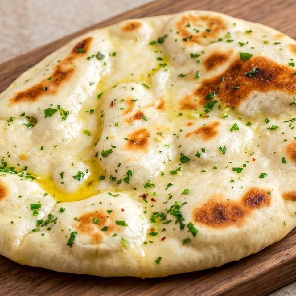 Naan topped with herbs on a wooden board.