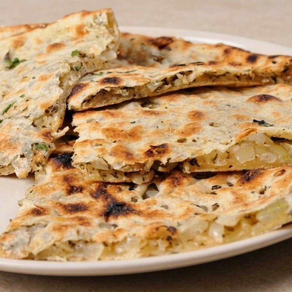 Sliced stuffed flatbread on a white plate.