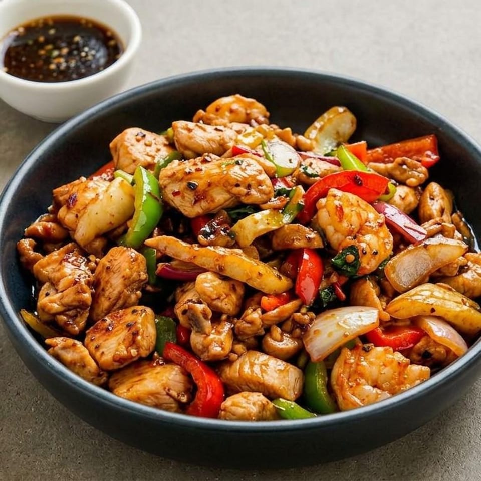 Stir-fried chicken and vegetables in a black bowl.