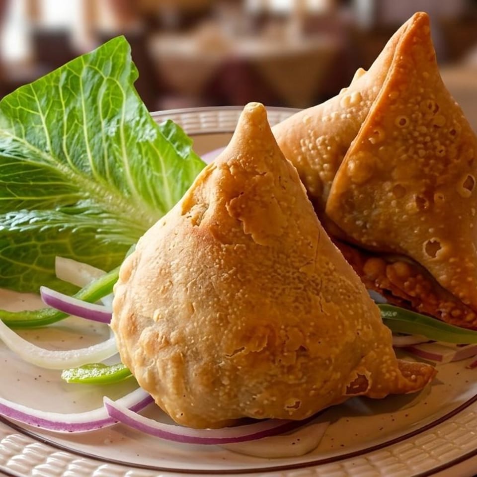 Golden samosas on a plate with sliced onions.