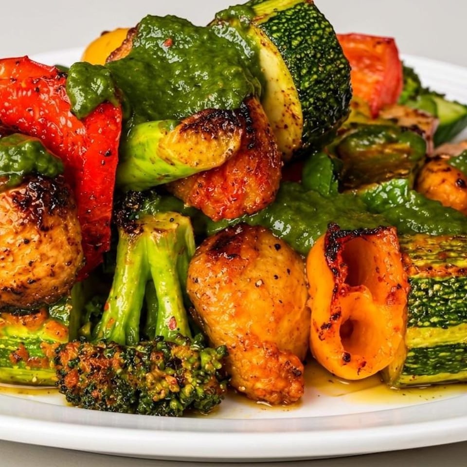 Grilled mixed vegetables with green sauce.