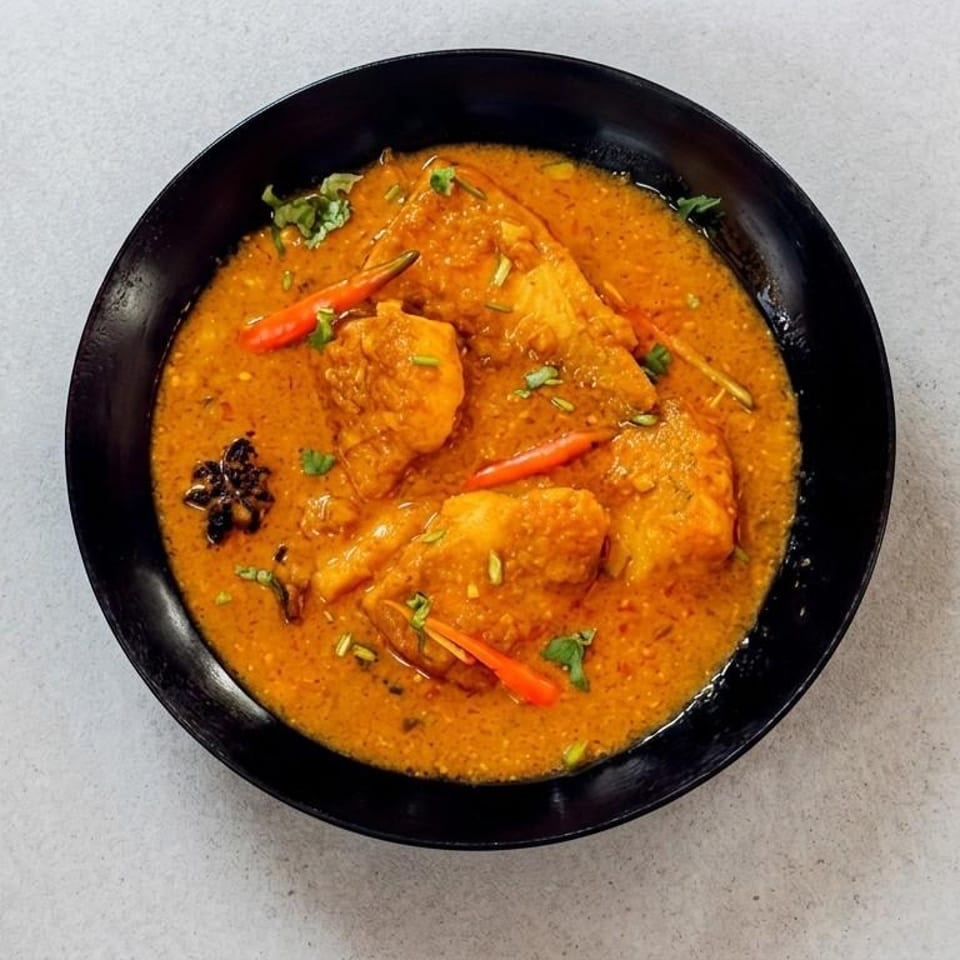 Orange curry in a black bowl with chilies.