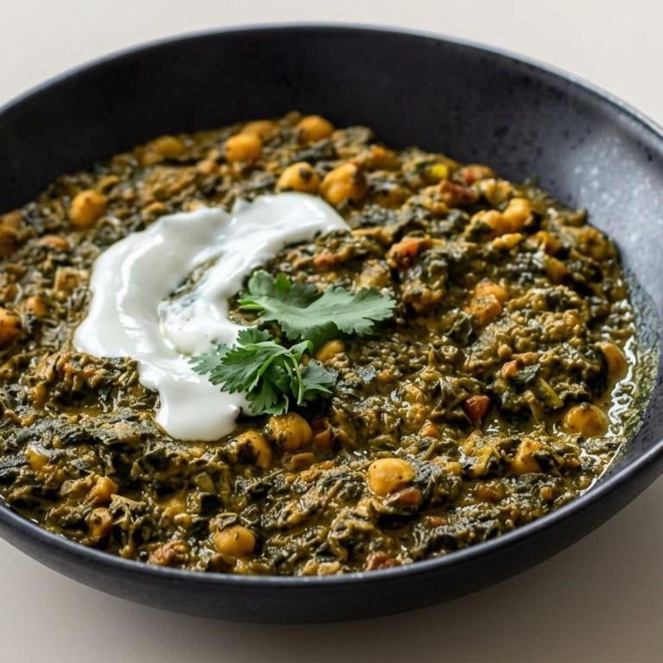 Chickpeas and greens with a creamy garnish.