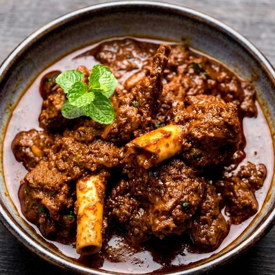 Rich meat curry garnished with mint.