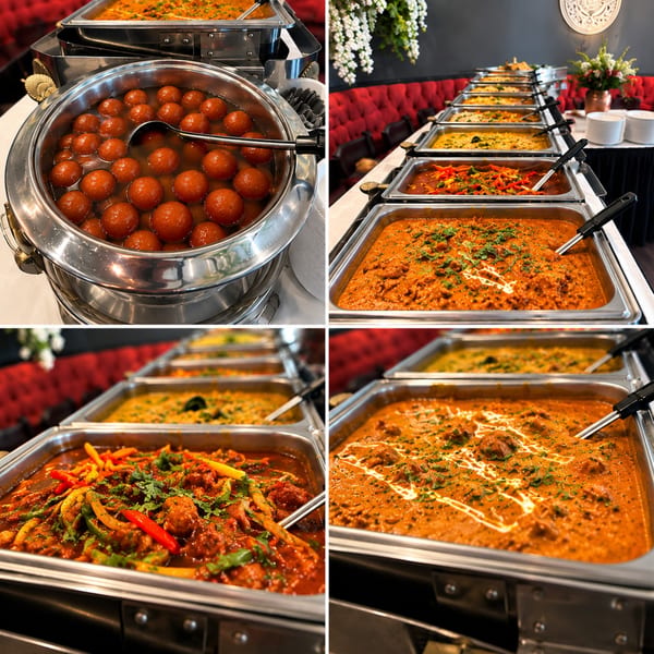 Buffet collage featuring Indian curries, spiced vegetables, garnished dishes, and syrup-soaked desserts in stainless-steel serving trays.