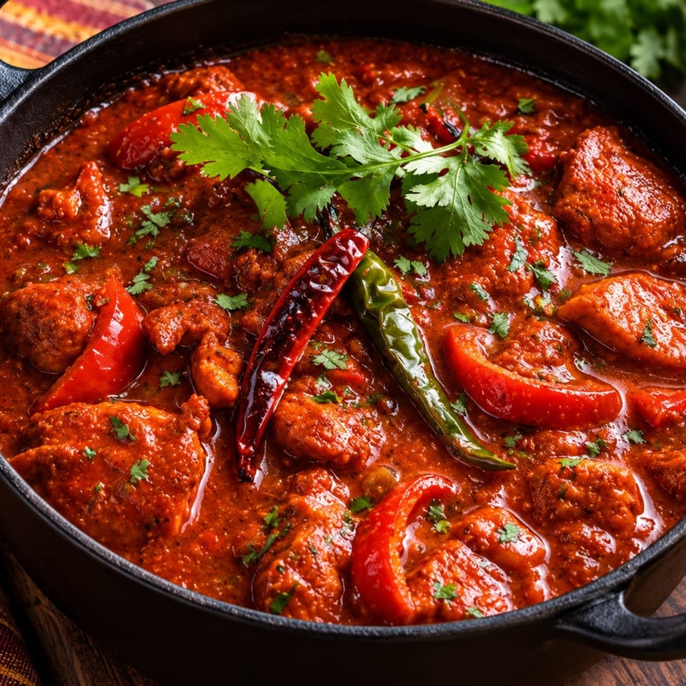 Rich red curry with tender meat, tomatoes, chilies, and fresh cilantro served in a black skillet.