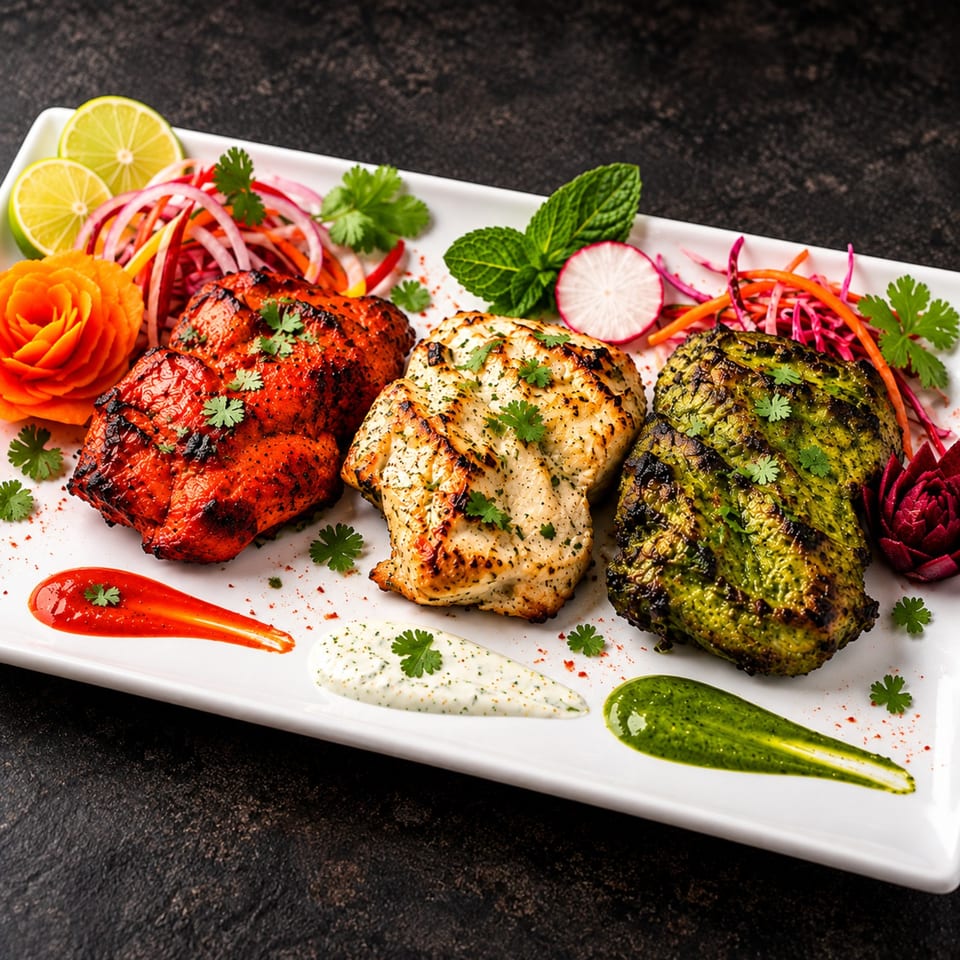 Grilled red, herb-seasoned, and green chicken fillets garnished with cilantro, citrus, pickled vegetables, and colorful sauces on a white platter.