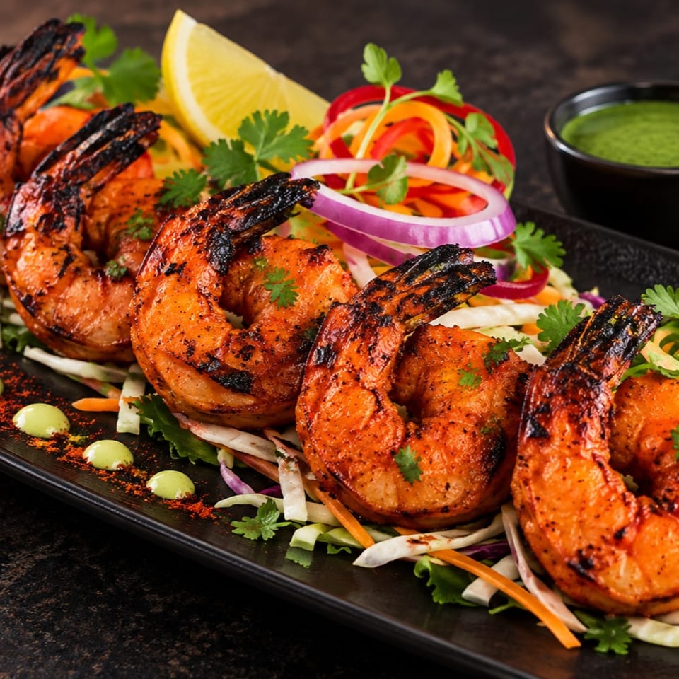 Grilled orange-spiced chicken pieces garnished with cilantro, lemon, sliced vegetables, and green dipping sauce on a black platter.