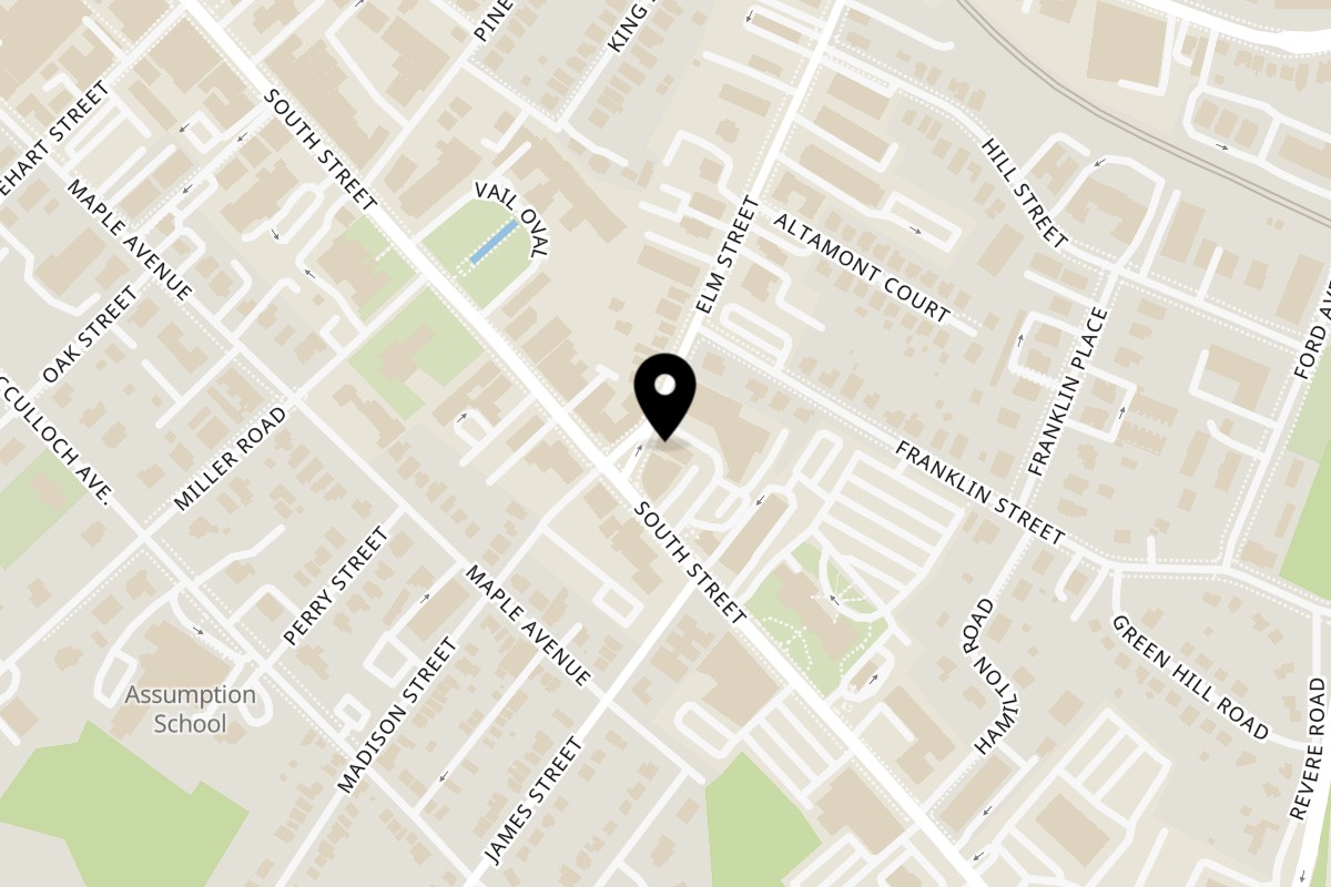 Map showing the location of Chakra Indian Cuisine on 5 Elm Street in Morristown